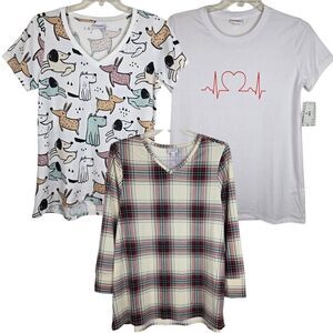 Lot of 3 Lularoe Liv Tunic T-Shirt Sz L Dog Plaid Heart Line Short & Long Sleeve